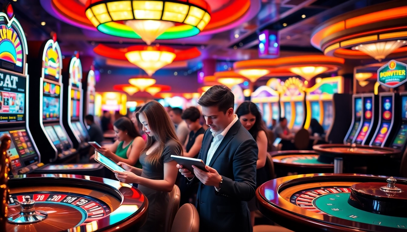 Players login to gaming accounts amidst vibrant casino excitement and luxury.