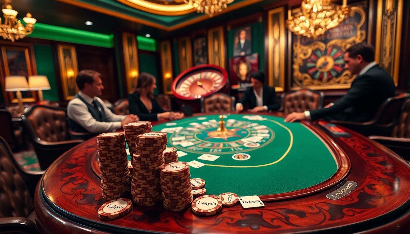 Experience the excitement of gambling at a high-stakes table with Luckywin poker chips and elegant decor.