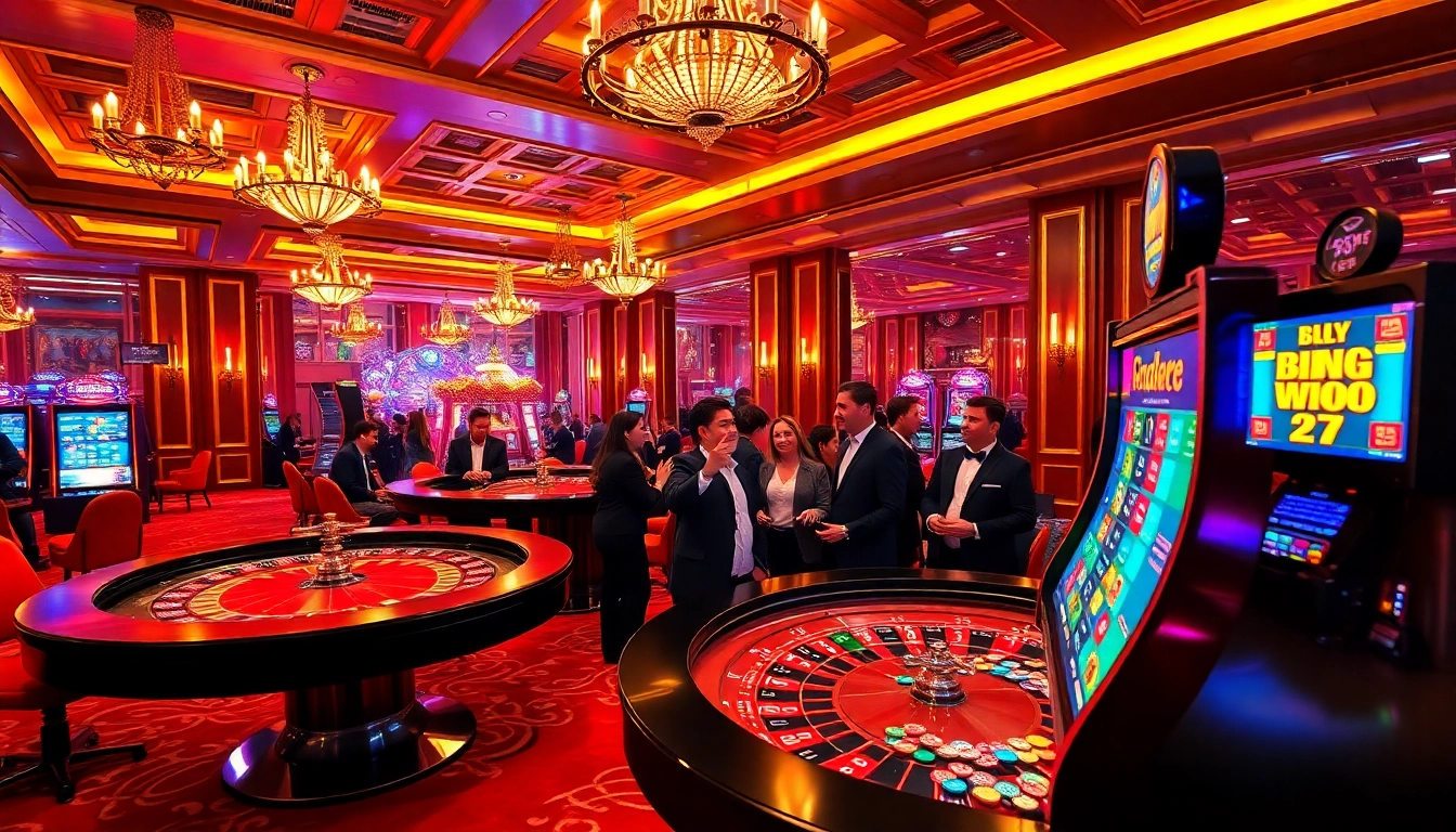 Excited players enjoy high-stakes action at the 8kbet roulette table in a luxury casino.