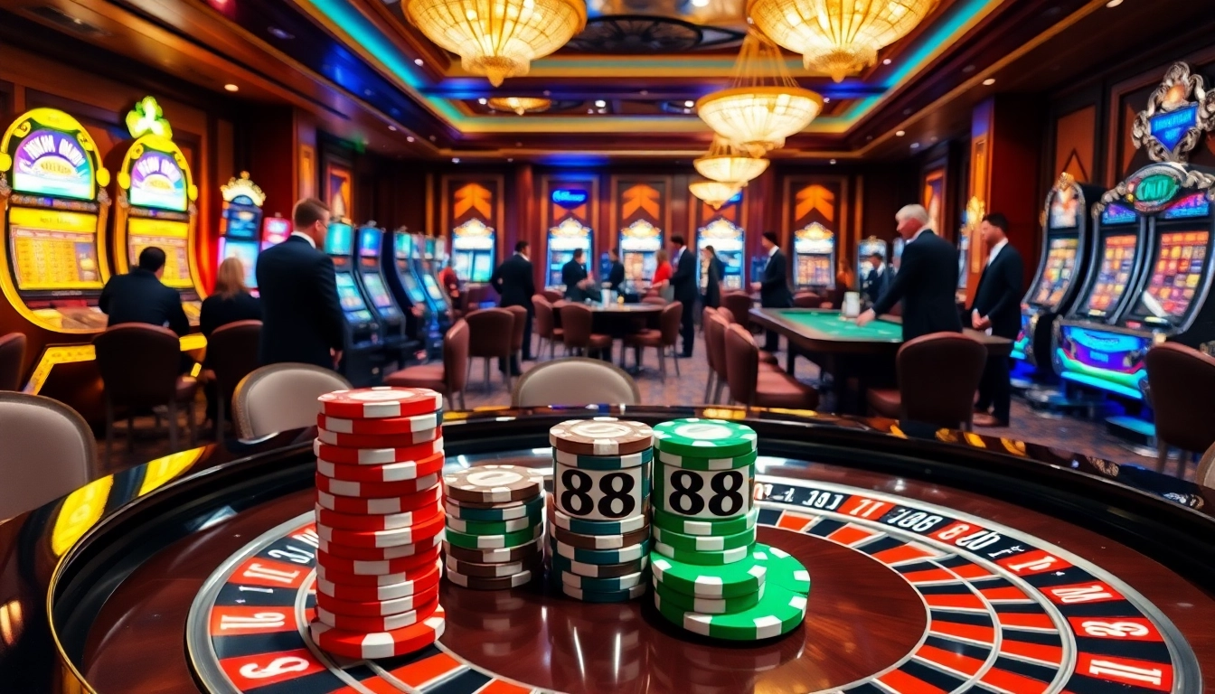 Players engaging in high-stakes gambling with 88i poker chips at a luxurious casino