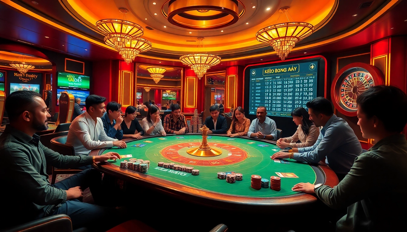 Kèo Bóng Đá betting action in a vibrant casino environment with poker chips and roulette wheel.