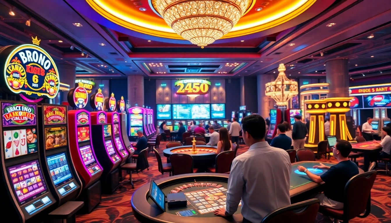 Excited players enjoying gambling activities at RR88 COM casino with vibrant slot machines and poker.