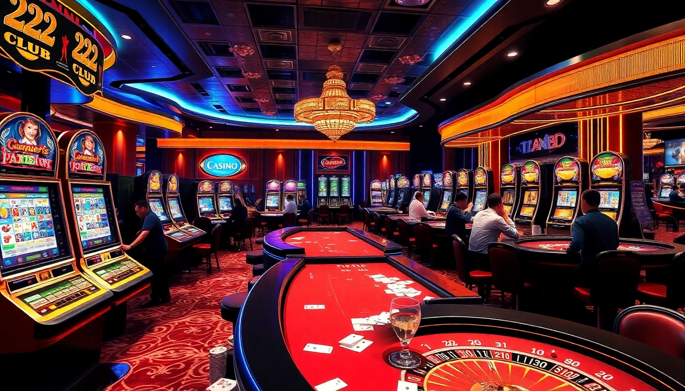 Thrilling gameplay at the 222bd club featuring luxury casino elements like slot machines and poker chips.