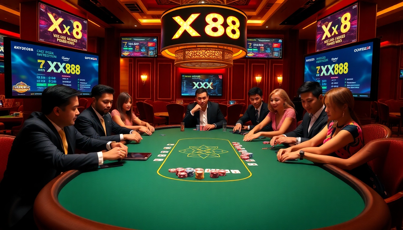 Players engaging at the XX 88 poker table, highlighting a thrilling casino atmosphere