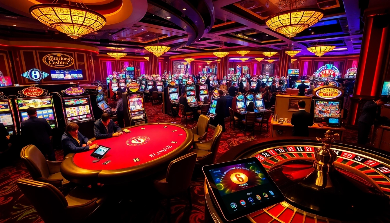 Experience the vibrant casino action at https://ku88sss.com/ with players at tables and slot machines.