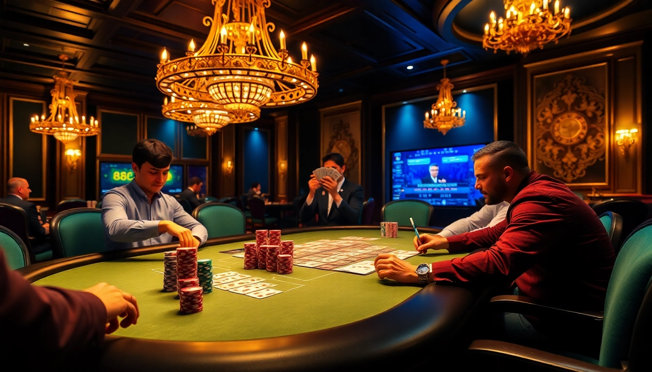A thrilling poker game at 8kbet featuring vibrant chips and elegant casino ambiance.