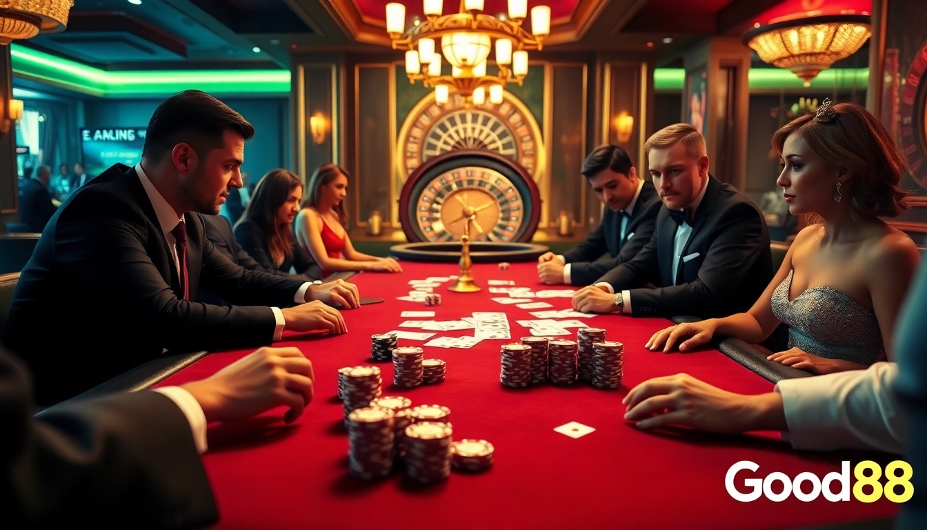 Experience high-stakes poker action at Good88's luxurious casino tables with vibrant chips and cards.