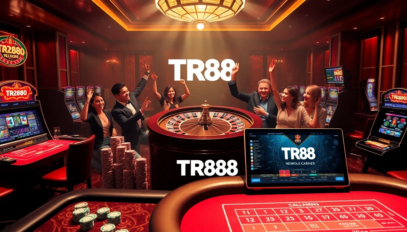 Players enjoying a vibrant TR88 casino experience with slot machines, poker chips, and a roulette wheel.
