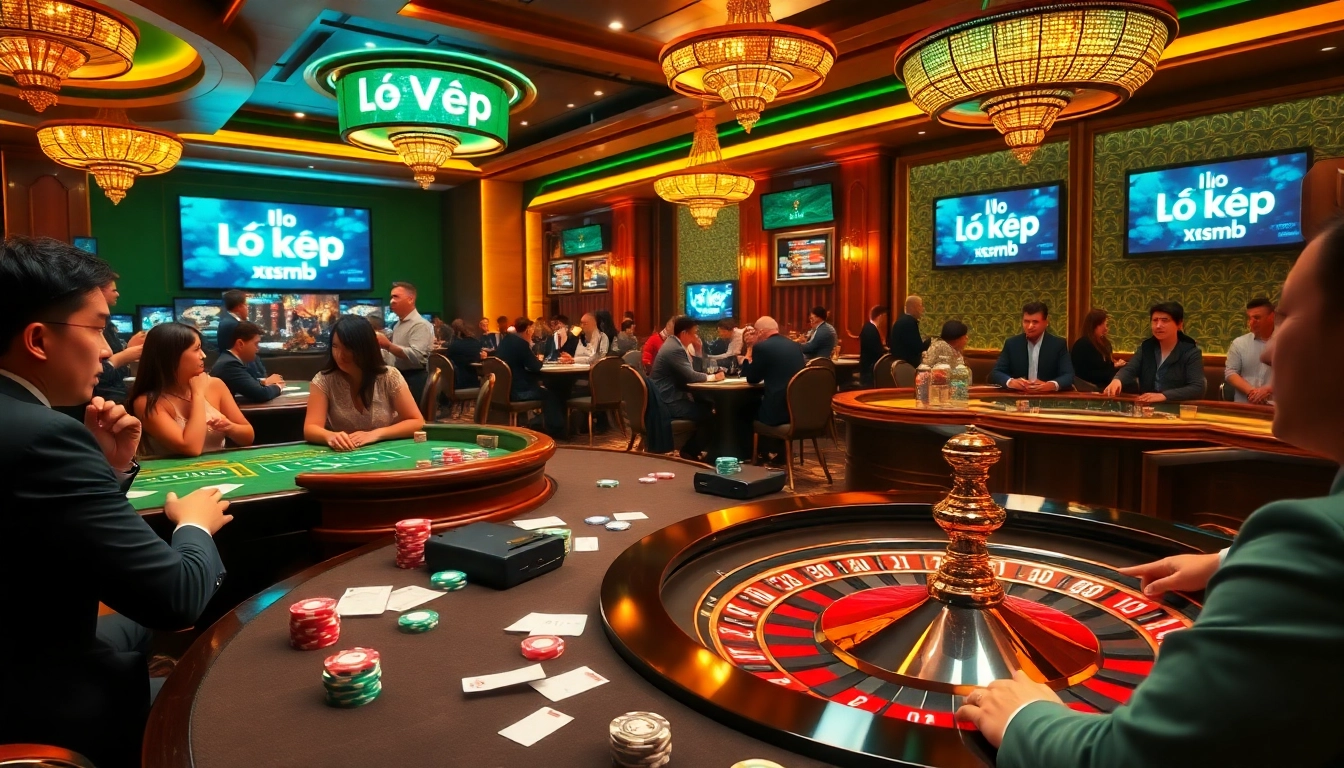Lively casino scene showcasing players engaged in strategy with lô kép xsmb at the center.