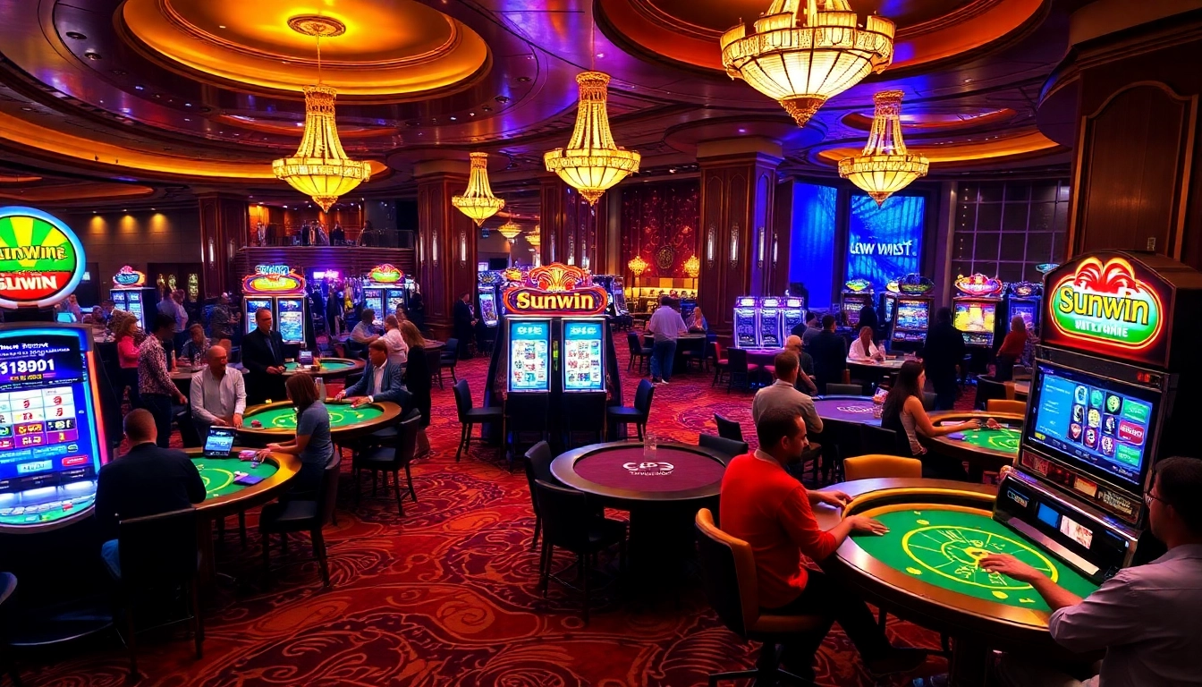 Experience thrilling gameplay at SUNWIN's luxurious casino, featuring vibrant gaming tables and excited players.