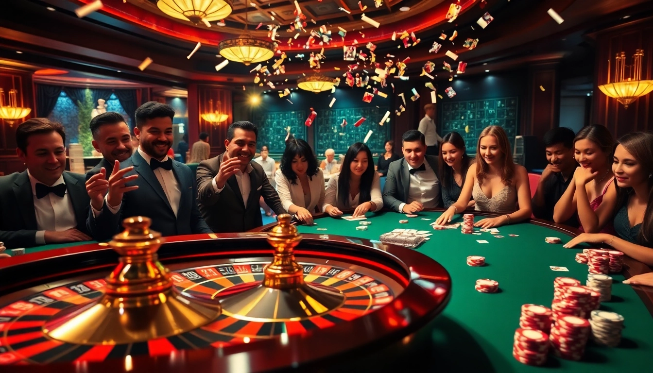 Experience the thrill of gaming at luckywin casino with vibrant roulette, poker chips, and excited players.