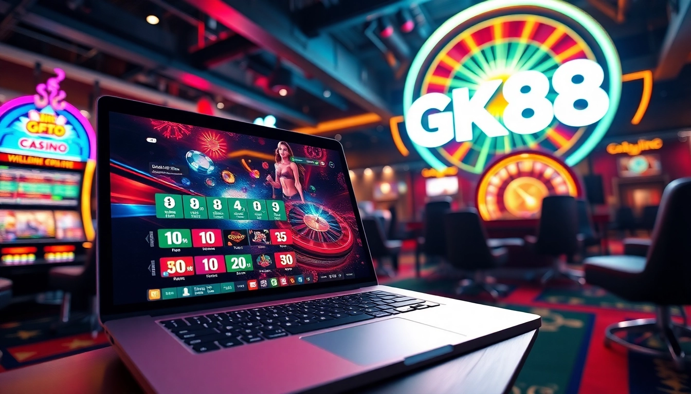 Gambling action with GK88 online casino interface showcasing vibrant slot machines and roulette wheels.