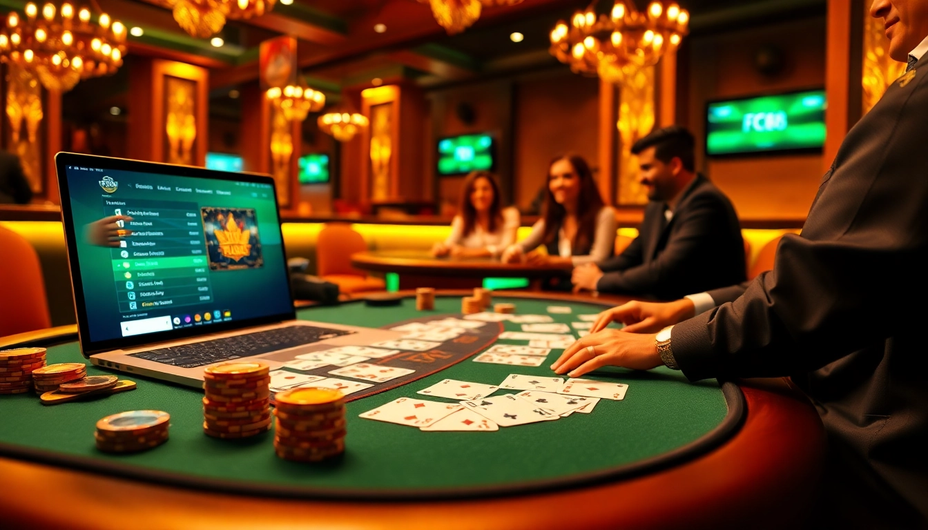 Exciting poker action at the FC88 casino, featuring vibrant chips and cards in a luxurious setting.