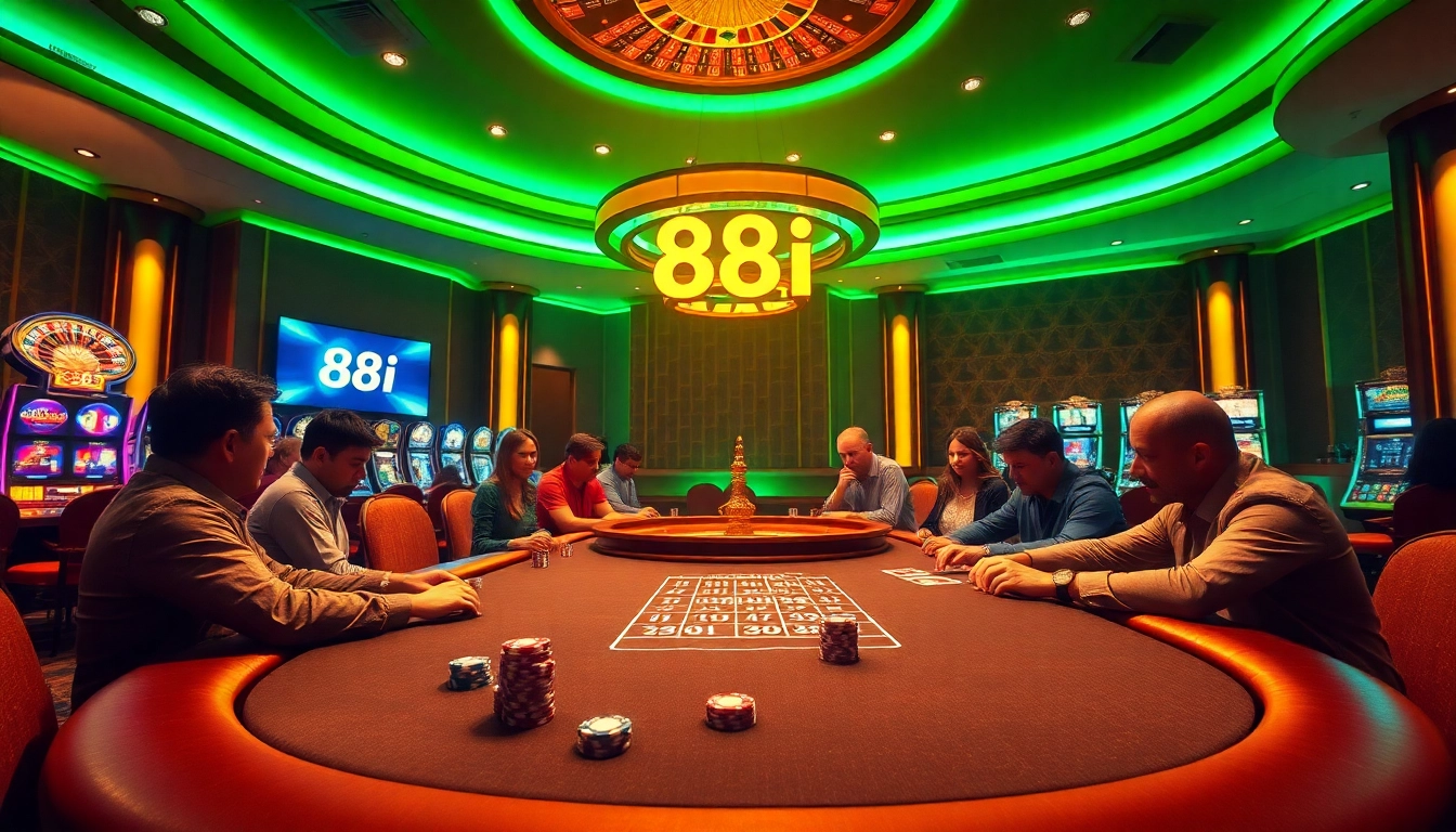 Excited players at a poker table enjoying 88i casino vibes with colorful chips and cards.