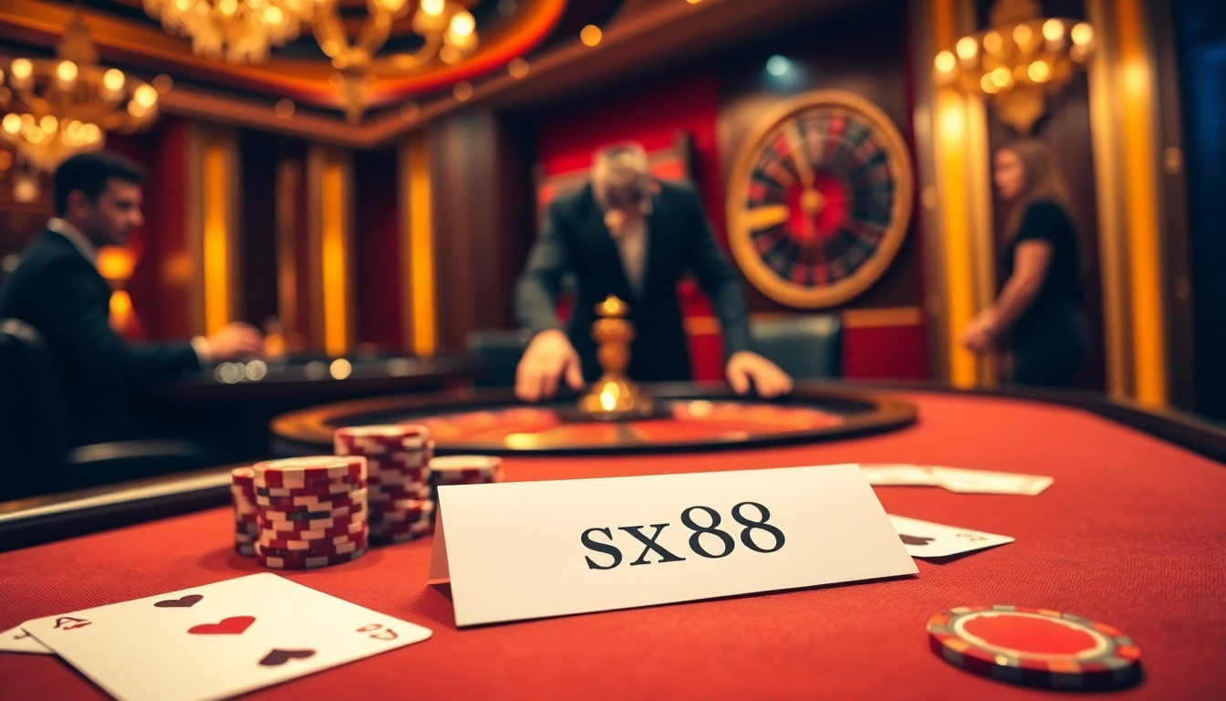 Experience thrilling gameplay at sx88 with a vibrant casino atmosphere showcasing poker tables and roulette.