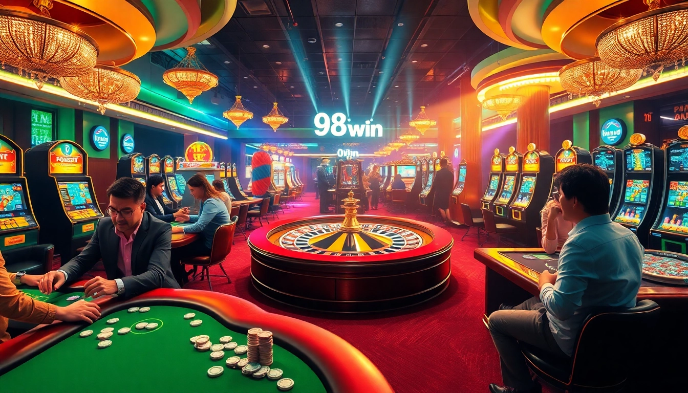 Experience the thrill of 98 win at an upscale casino with players enjoying glamorous gaming.
