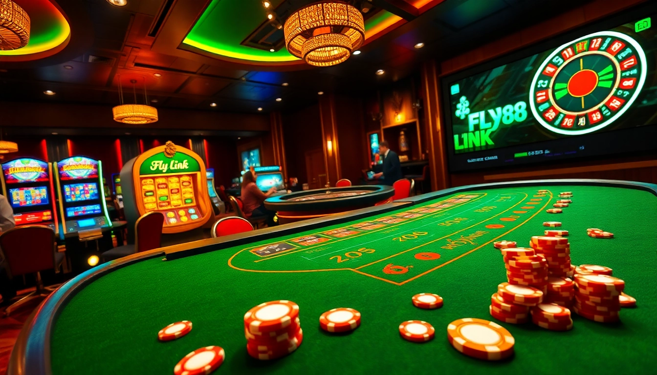 Engage with the thrilling FLY88 Link at a vibrant casino atmosphere filled with tables and machines.