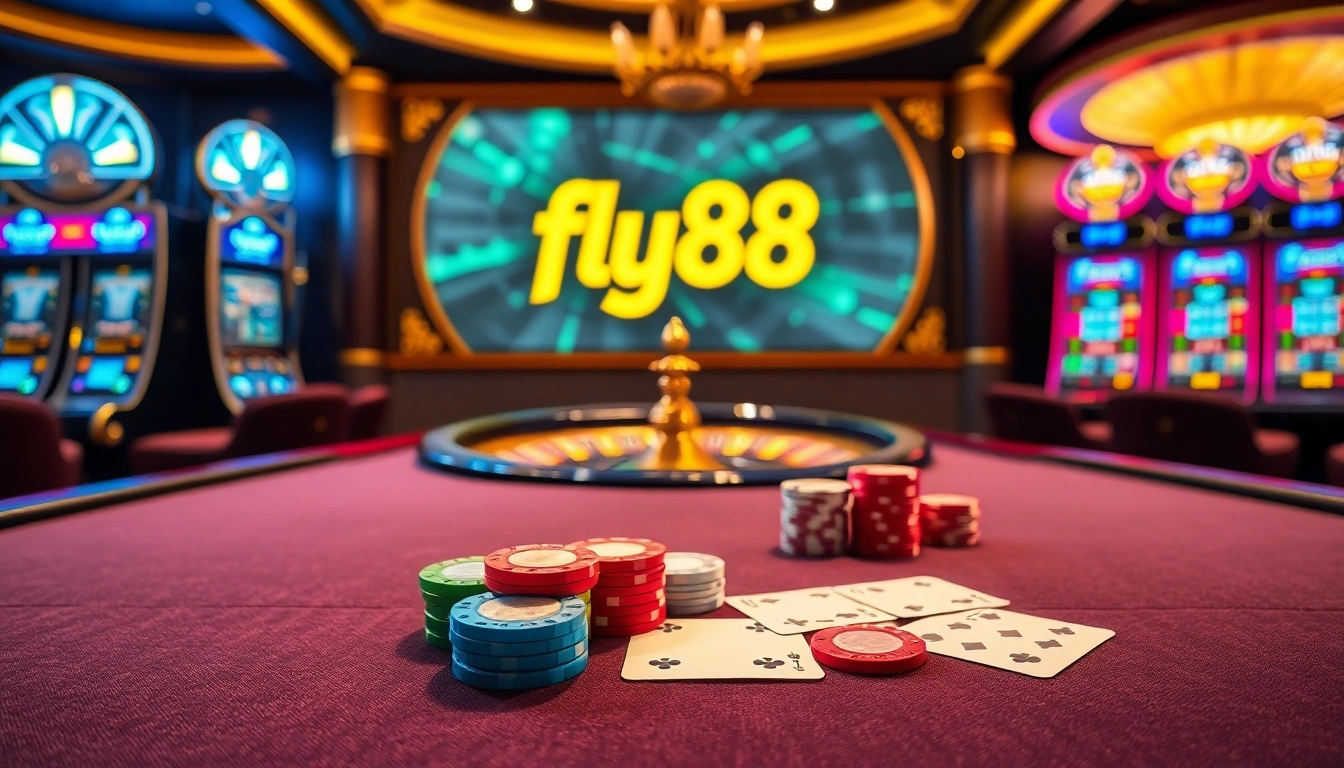 Experience the excitement of fly88 and casino gaming with vibrant poker tables and roulette wheels.