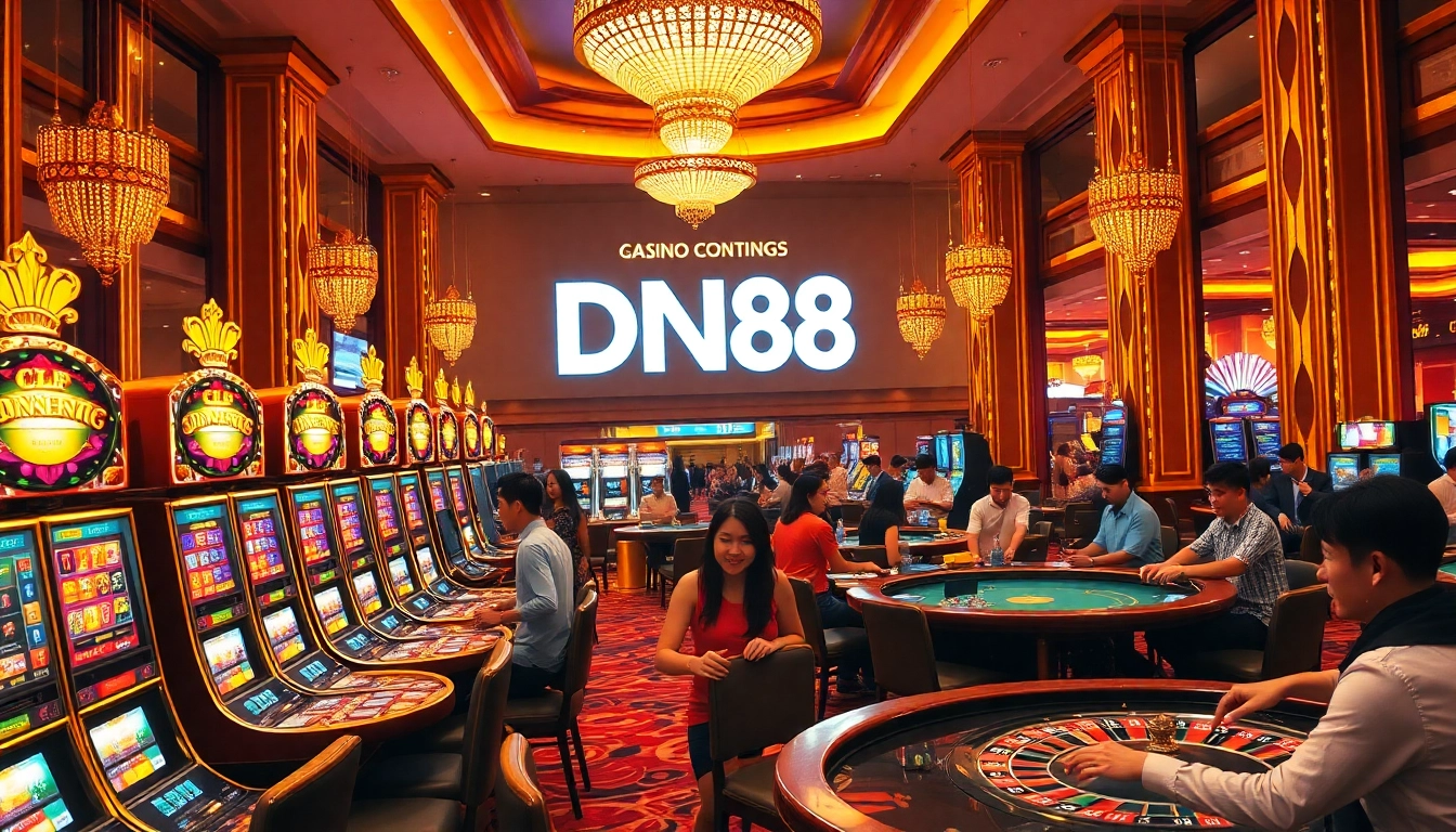 Players enjoying thrilling casino games at DN88, featuring luxurious slot machines and roulette tables.