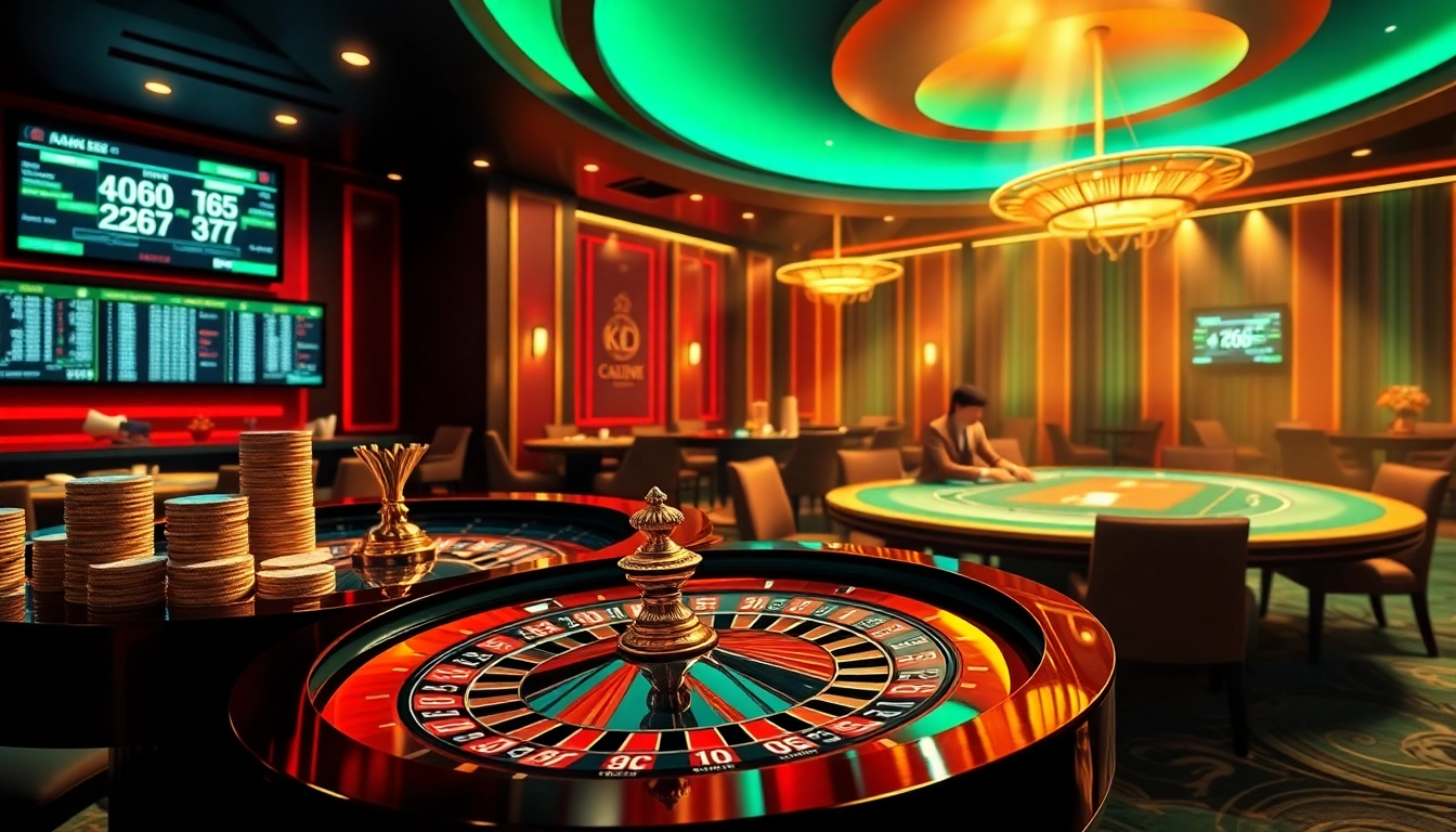 KJC captivating casino scene with players at a vibrant roulette table and poker games.