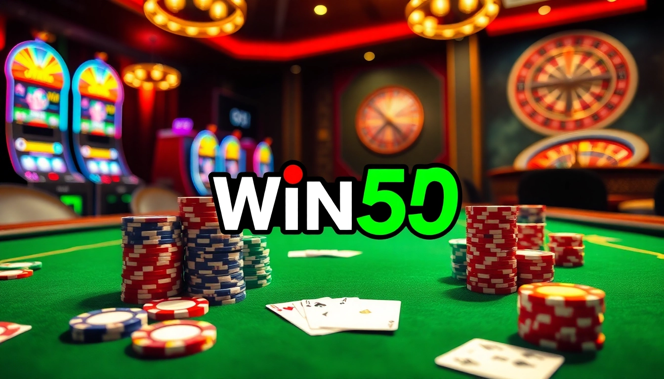 Win55 casino table with poker chips and cards highlighting thrilling gambling excitement