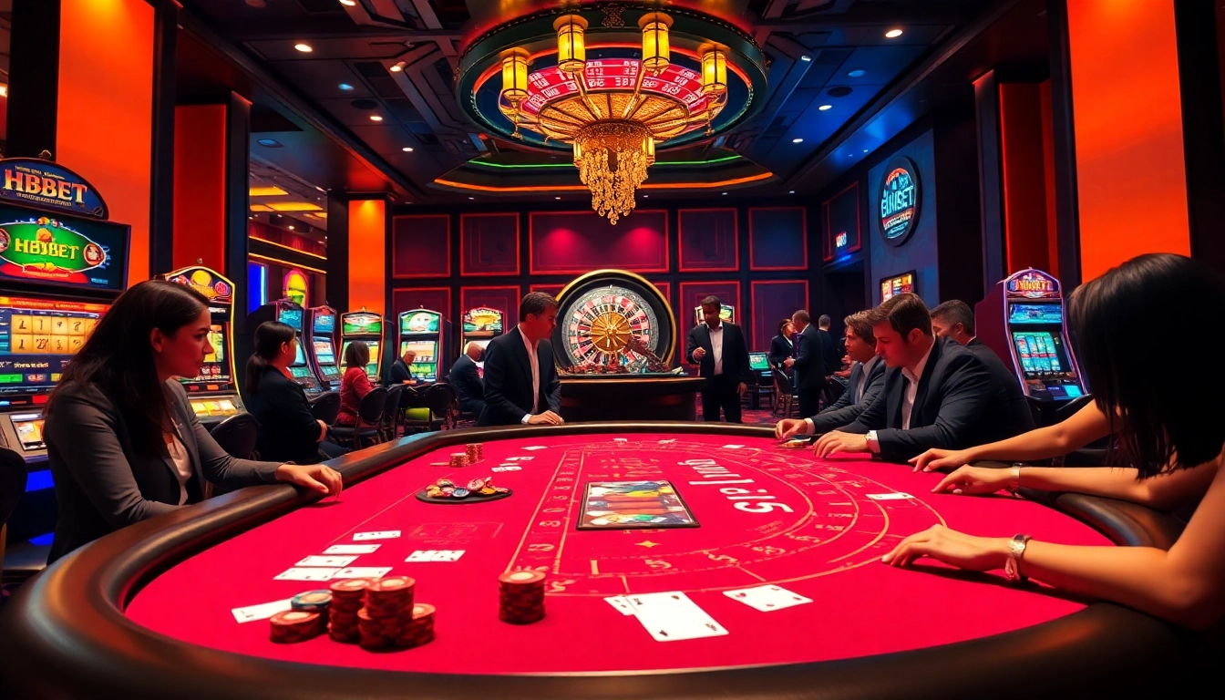 Exciting poker action and slot machines at HBBET casino, showcasing vibrant chips and engaging gameplay.