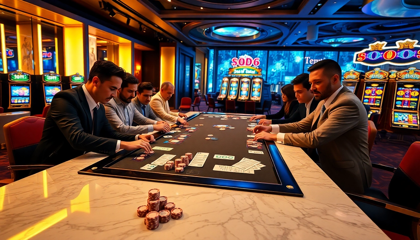 Engaged gamblers at a sleek poker table showcasing the excitement of link SODO66 in a luxurious casino environment.