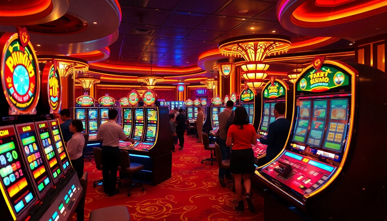 Players enjoying the excitement of nổ hũ at a luxurious casino, surrounded by vibrant gaming elements.