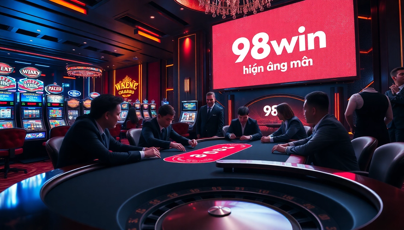 Exciting casino atmosphere with poker table and "98win hiện đang mở" display