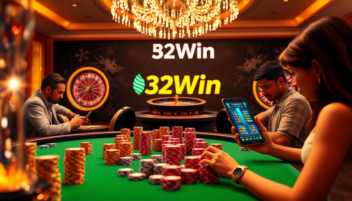 Experience the thrill of 32Win at an upscale casino table with vibrant gambling elements.