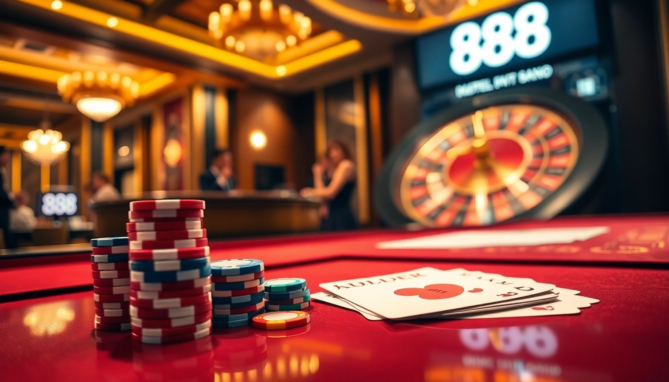 Vibrant poker setup highlighting 888vnd đăng nhập, with colorful chips and cards in an exciting casino atmosphere.
