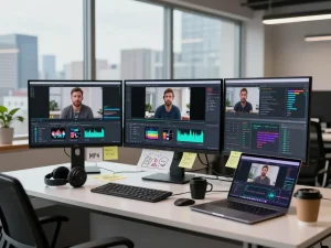 Detailed workspace setup showcasing video to prompt analysis with screens and creative tools for video content generation.