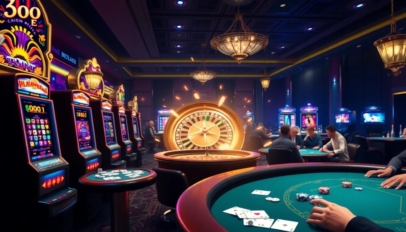 Experience the vibrant excitement of 999E with luxurious casino visuals featuring slot machines and poker tables.