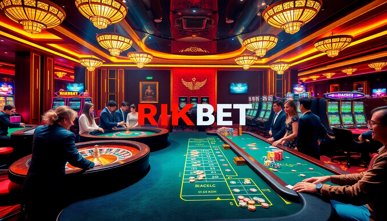 RIKBET logo illuminated in a luxurious casino scene with exciting gaming activities.