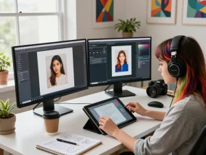Using an image to prompt generator, a digital artist creates innovative AI prompts in a modern workspace.