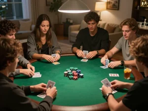 MM88 poker game in progress with friends at a cozy home gathering, showcasing strategy and excitement.