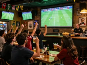 Lương Sơn TV fans enjoying live football together in a vibrant sports bar atmosphere.