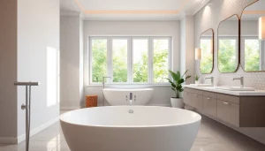Modern bathroom remodeling near me with sleek fixtures and elegant lighting.