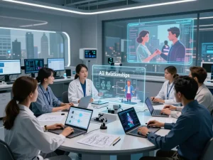 Dynamic research team exploring sex AI technology innovations in a futuristic lab.