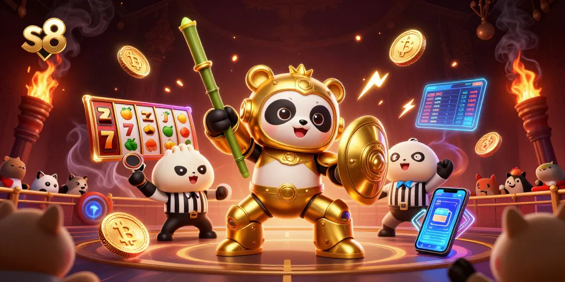 Engage with the vibrant gaming atmosphere at s8, featuring dazzling slot reels and golden panda arena action.