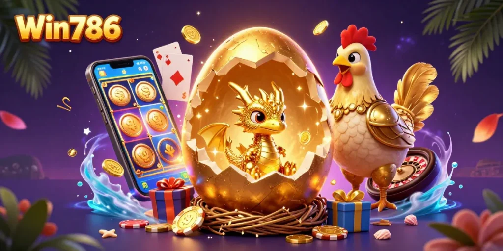 Win786's vibrant gaming scene with golden dragon, poker chips, and slot games bursting with excitement.