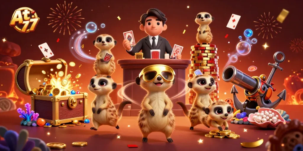 At 77 captivates players with a vibrant 3D casino scene showcasing meerkats in action.