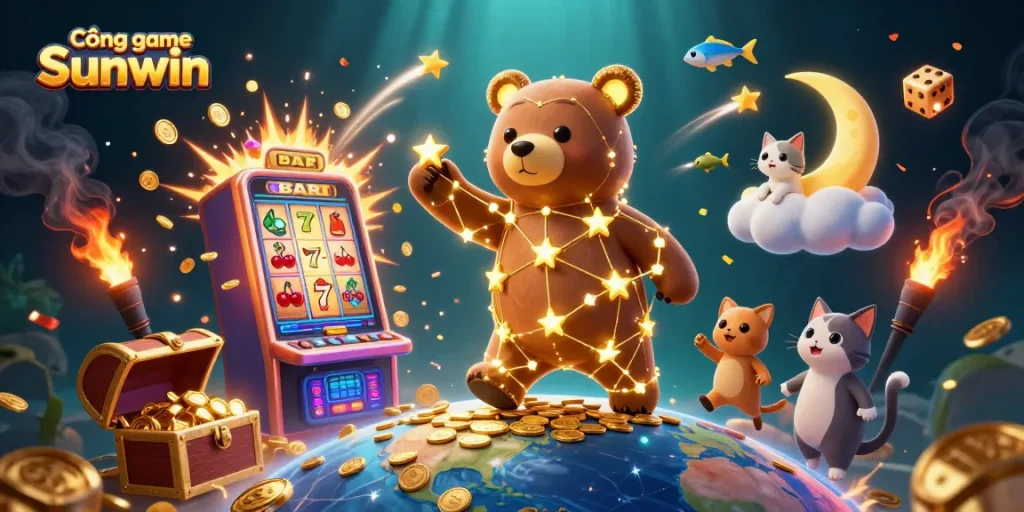 Engage in thrilling games at Cổng game Sunwin with vibrant 3D illustrations and dynamic casino elements.