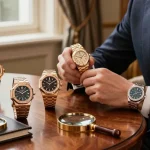 Explore super clone watches in a luxurious setting with elegant timepieces showcased in warm light.