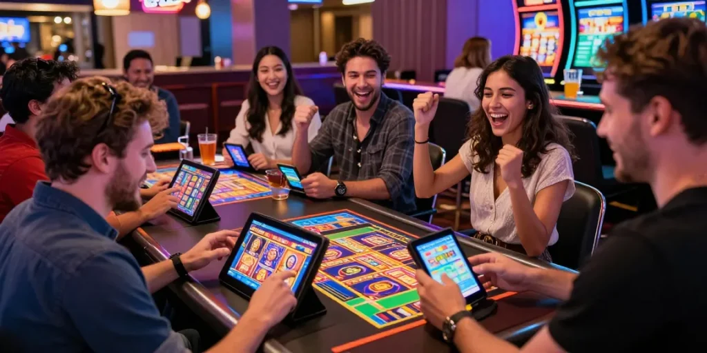 Exciting gameplay at credit card casinos with friends celebrating wins in a vibrant casino environment.
