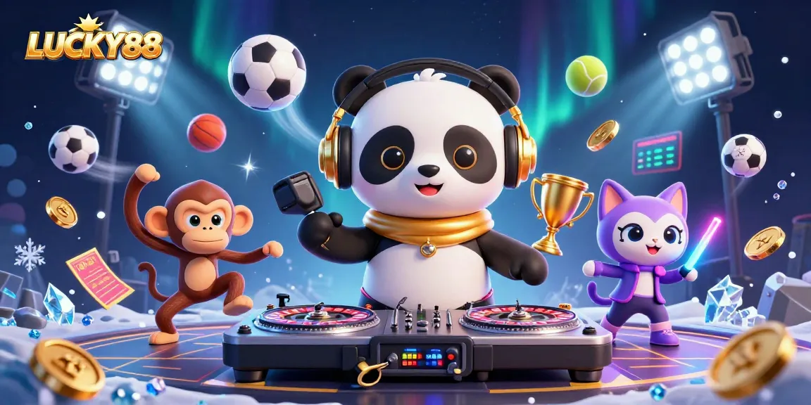 LUCKY88 showcases a vibrant 3D cartoon DJ panda spinning roulette wheels surrounded by dynamic sports elements.