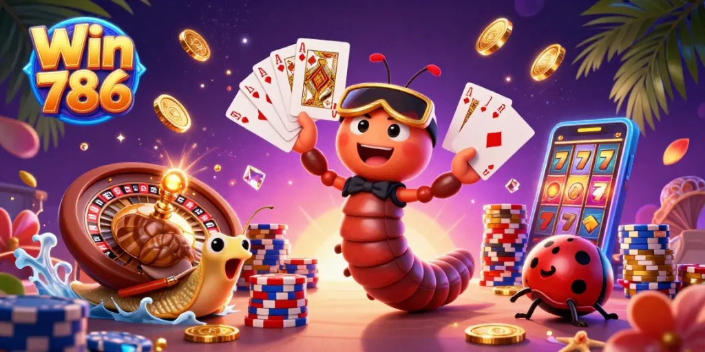 Win 786 showcases an exciting casino scene with vibrant characters, golden coins, and a spinning roulette wheel.