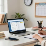 A teacher using EMStudio's online teacher planner at a modern desk, showcasing organized lesson planning and classroom management activities.