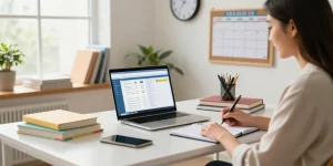 A teacher using EMStudio's online teacher planner at a modern desk, showcasing organized lesson planning and classroom management activities.