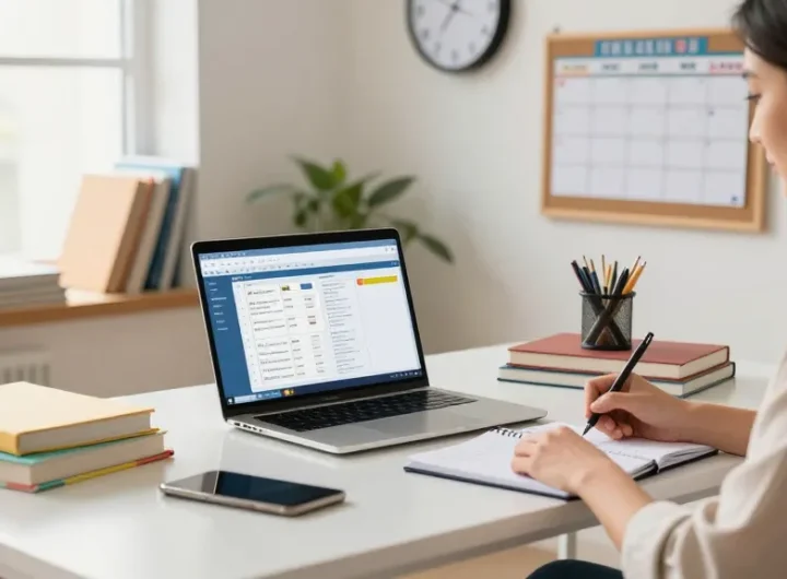 A teacher using EMStudio's online teacher planner at a modern desk, showcasing organized lesson planning and classroom management activities.